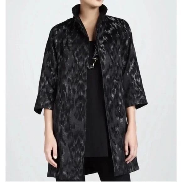 Eileen Fisher Blurred Ikat Jacquard Coat L/XL Cotton Silk Open Front Jacket - Picture 13 of 13